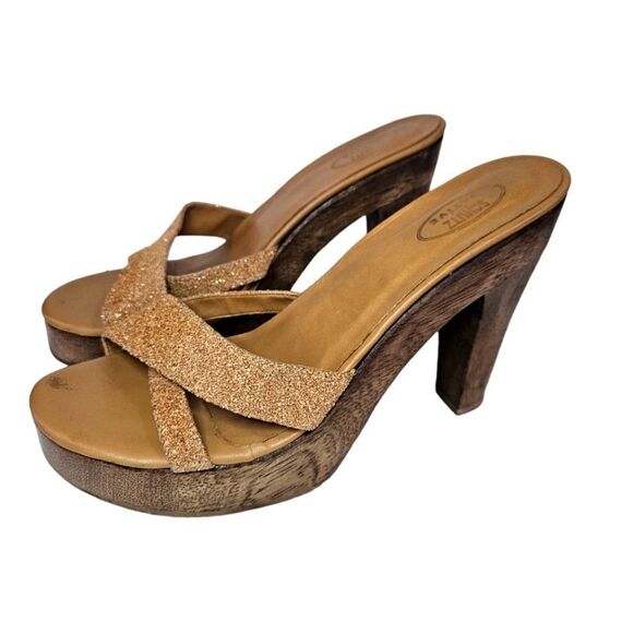 Vintage Schutz Native Wooden Platform '70s Vibe Glitter Cross Front Sandals 7 - Picture 2 of 7